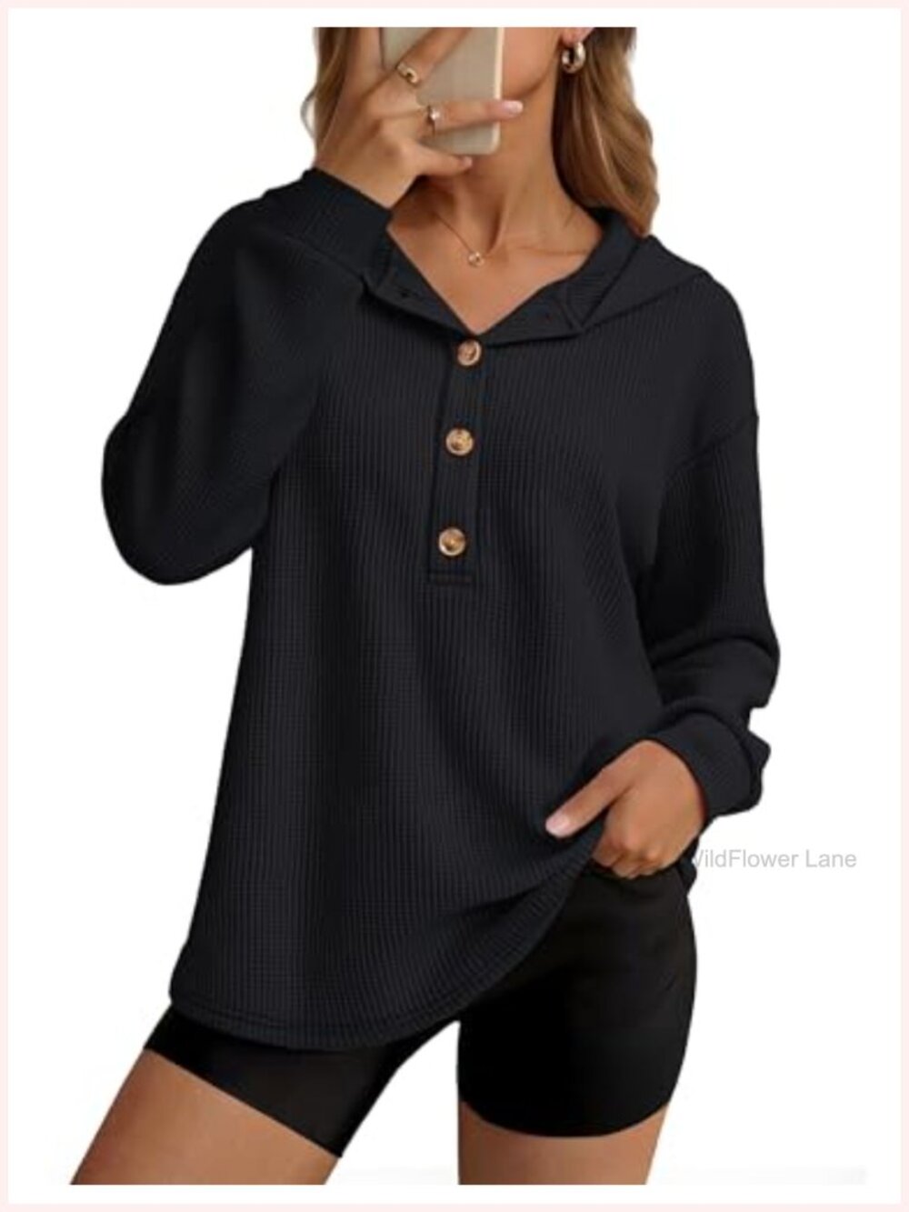 Waffle Knit Oversized Hoodie 4-Button Pullover Casual Sweatshirt